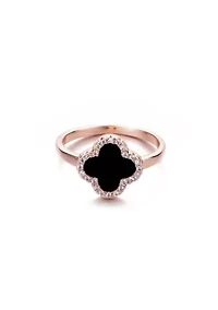 14k Rose Gold Plated Black Halo CZ Clover Ring