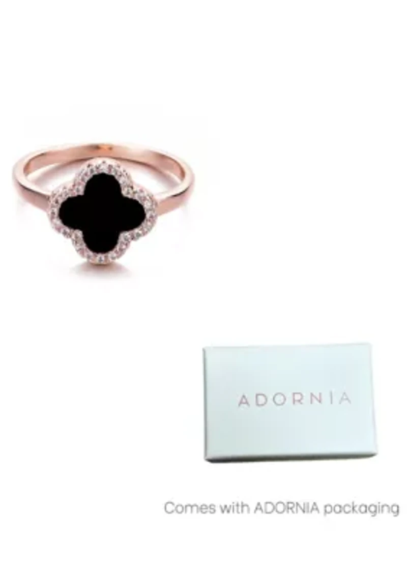 14k Rose Gold Plated Black Halo CZ Clover Ring