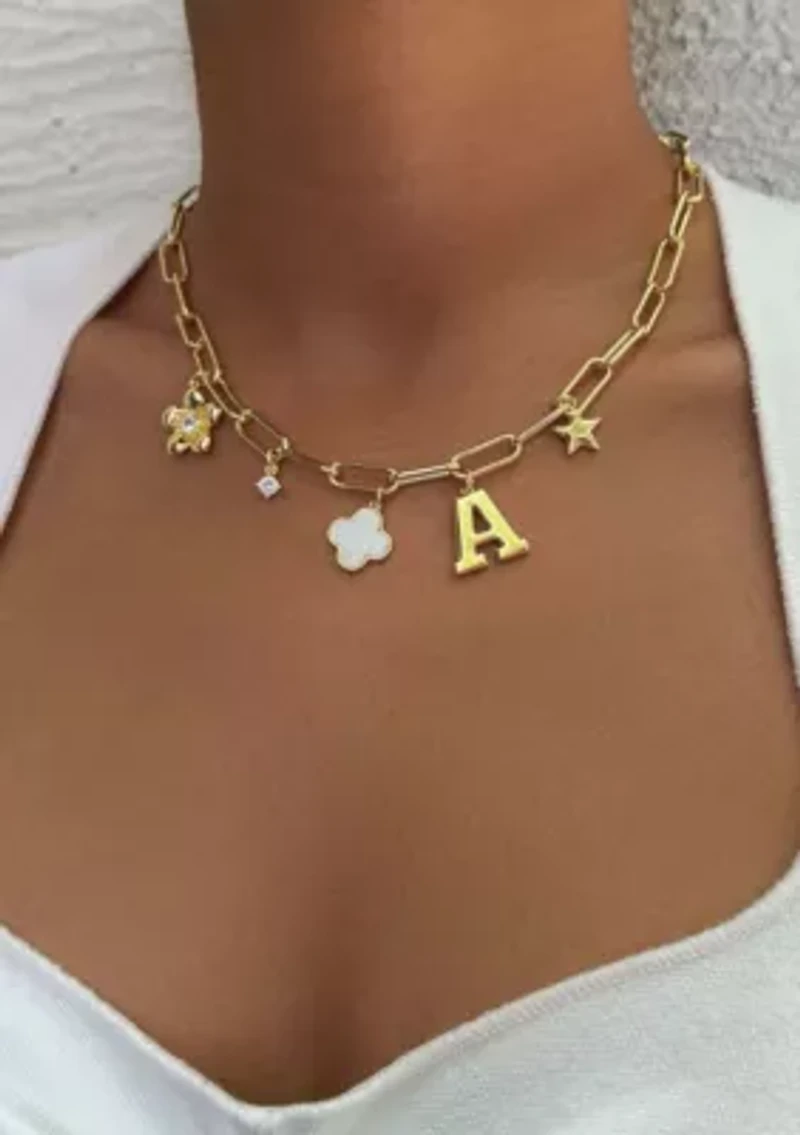 14k Yellow Gold Plated Initial Chunky Charm Necklace