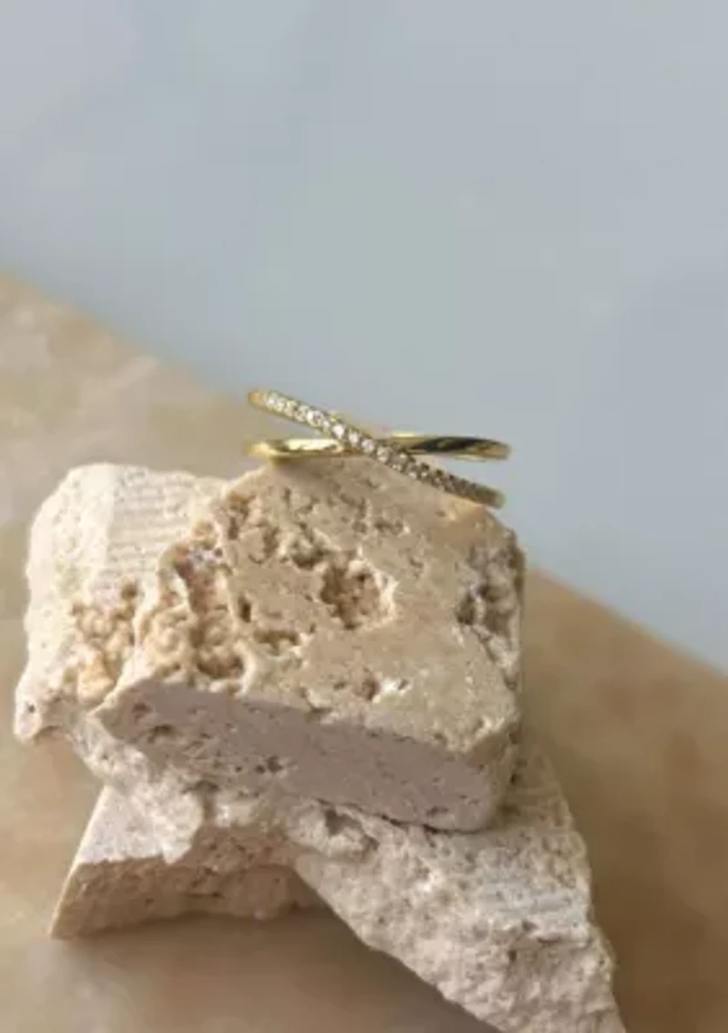 14k Gold Vermeil .925 Sterling Silver CZ Crossed Half Eternity Band Ring