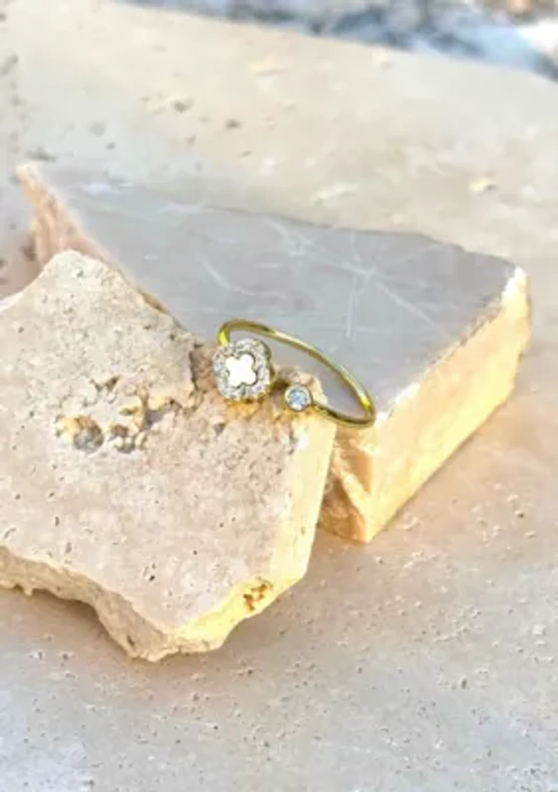 14k Gold Plated CZ Open Band Clover Ring