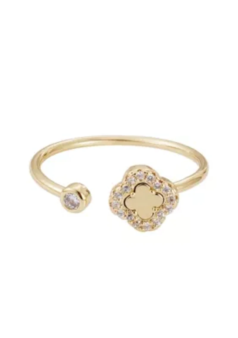 14k Gold Plated CZ Open Band Clover Ring