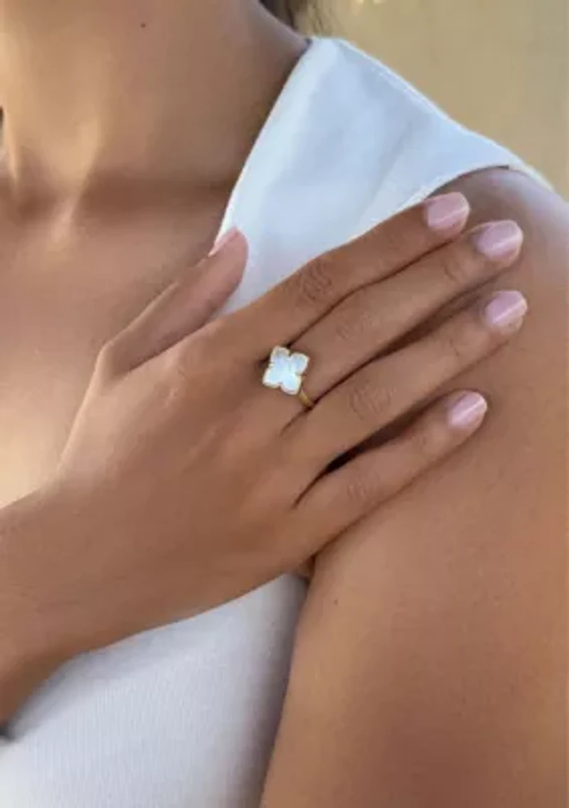 14k Gold Plated White Mother of Pearl Flower Ring