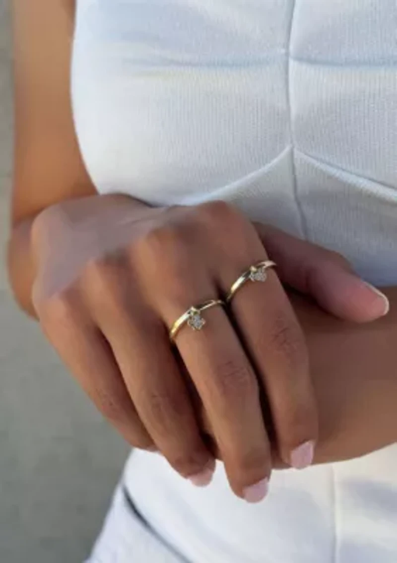 14k Gold Plated Dangling CZ Heart and Clover Rings Set