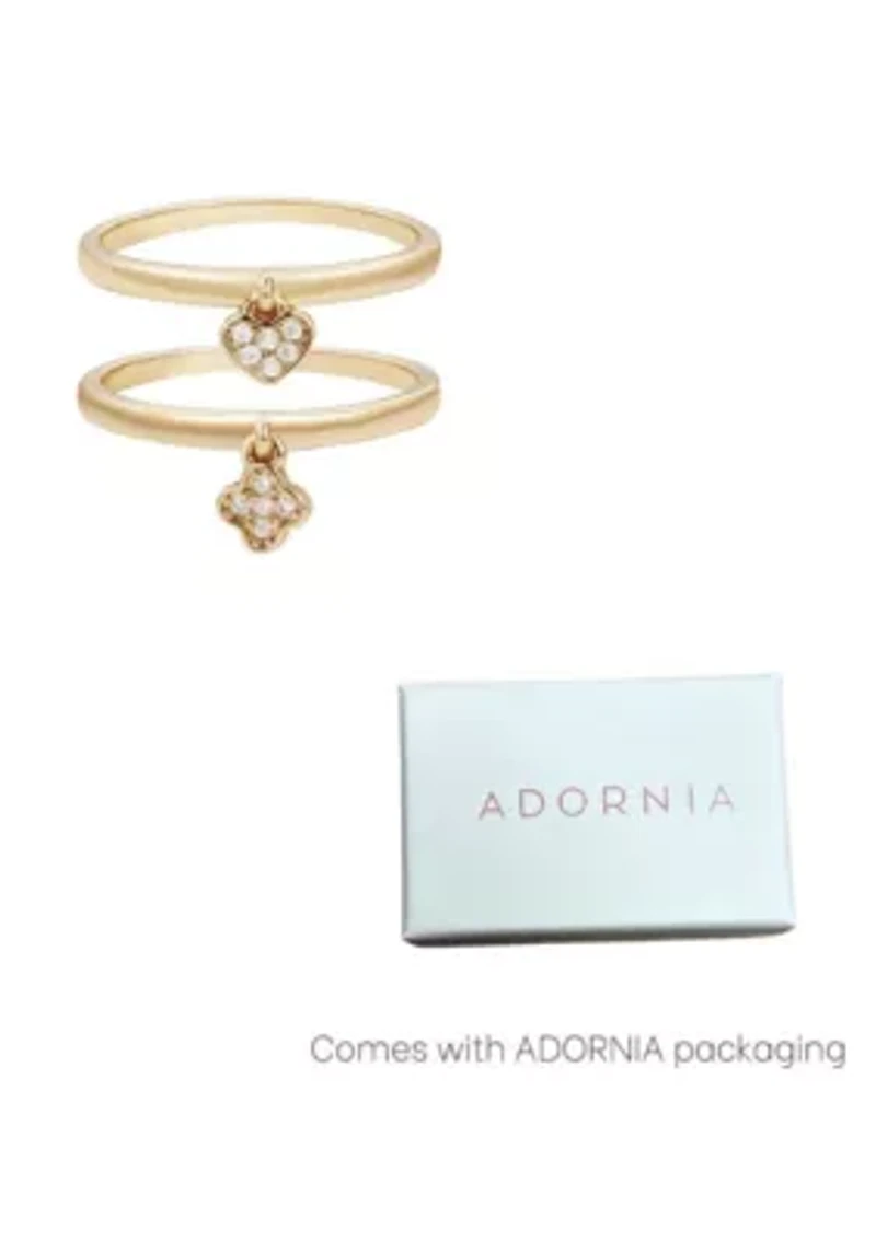 14k Gold Plated Dangling CZ Heart and Clover Rings Set