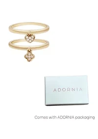 14k Gold Plated Dangling CZ Heart and Clover Rings Set