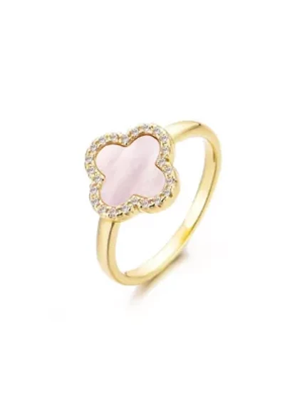 14k Gold Plated Mother of Pearl Halo CZ Clover Ring