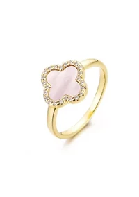 14k Gold Plated Mother of Pearl Halo CZ Clover Ring