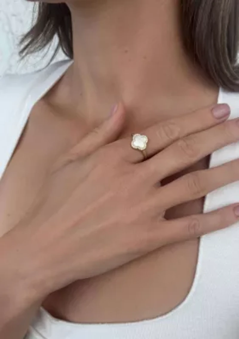 14k Gold Plated Mother of Pearl Halo CZ Clover Ring