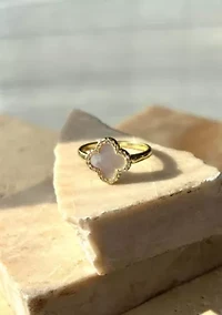 14k Gold Plated Mother of Pearl Halo CZ Clover Ring