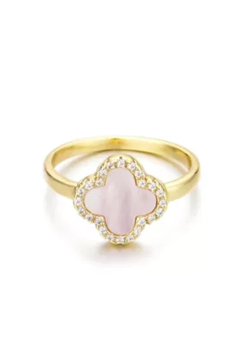 14k Gold Plated Mother of Pearl Halo CZ Clover Ring