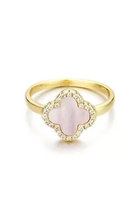 14k Gold Plated Mother of Pearl Halo CZ Clover Ring