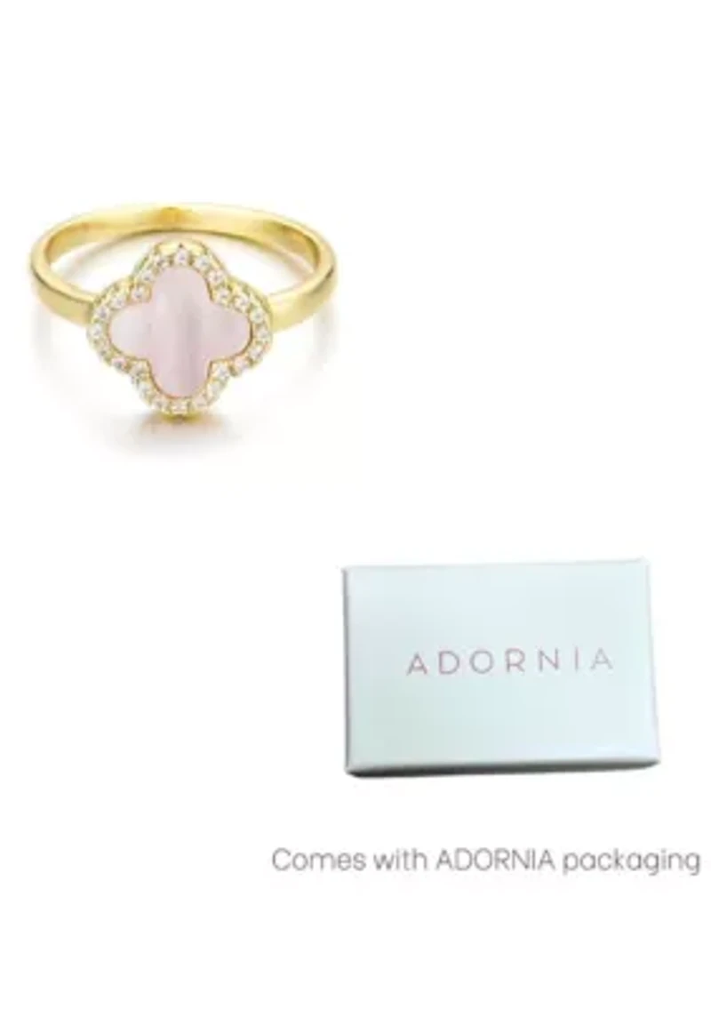 14k Gold Plated Mother of Pearl Halo CZ Clover Ring