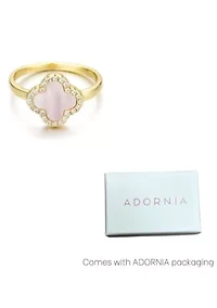 14k Gold Plated Mother of Pearl Halo CZ Clover Ring