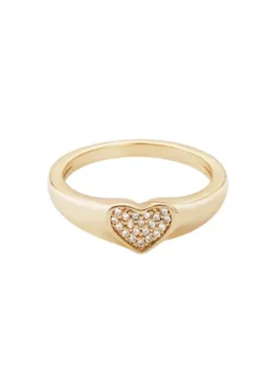 14k Gold Plated CZ Pave Heart Signet Pinky Ring