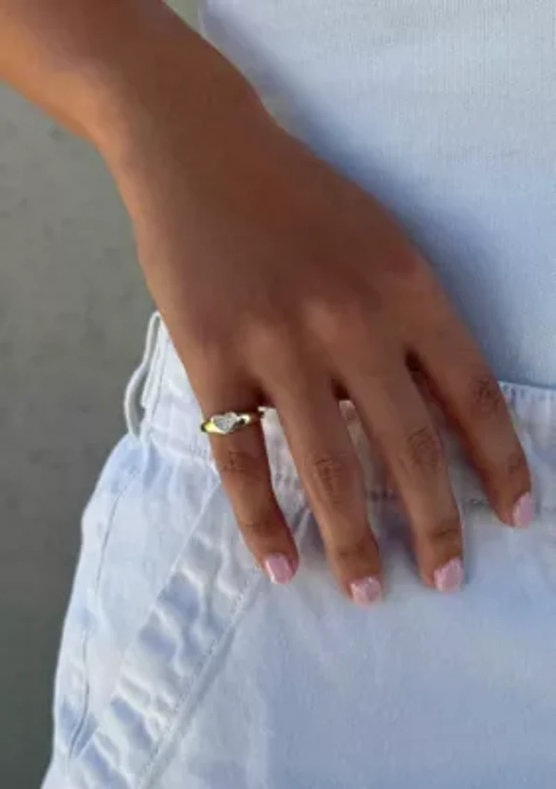 14k Gold Plated CZ Pave Heart Signet Pinky Ring