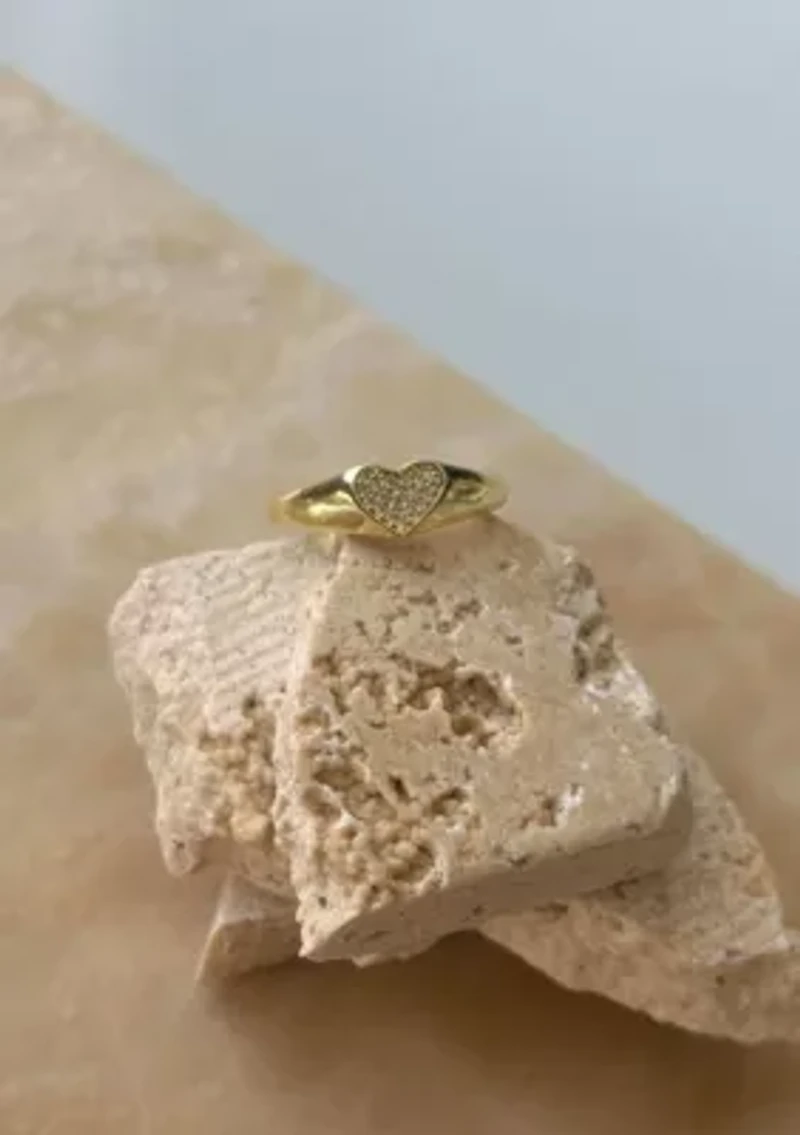 14k Gold Plated CZ Pave Heart Signet Pinky Ring