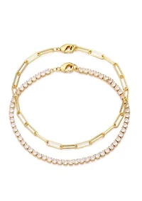 14k Gold Plated Tennis and Paperclip Chain Bracelet Set 8"