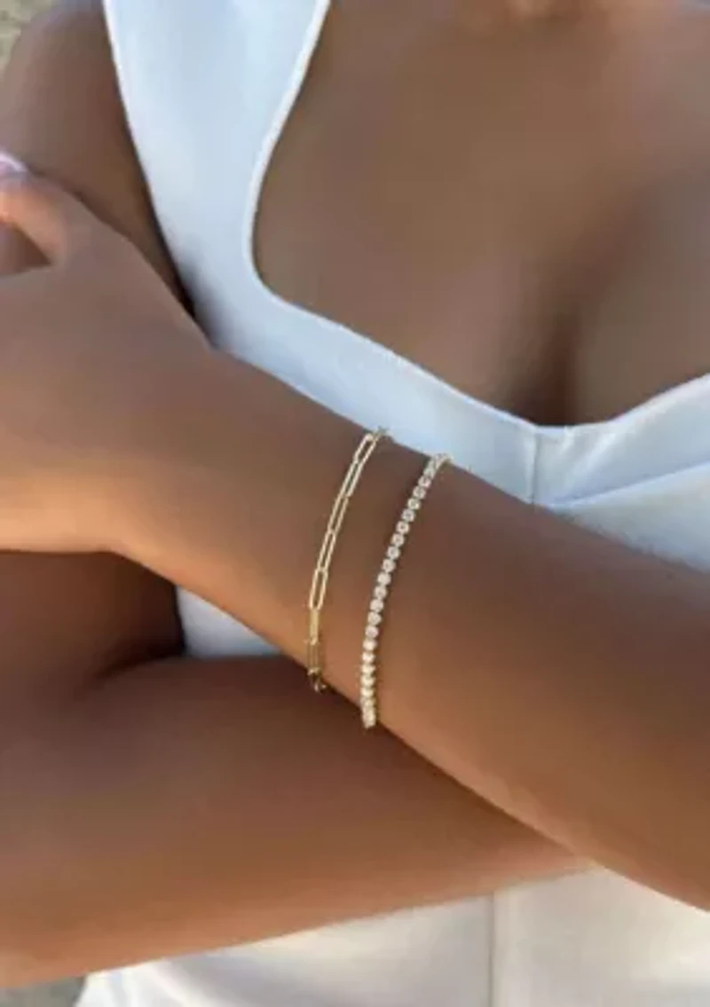 14k Gold Plated Tennis and Paperclip Chain Bracelet Set 8"