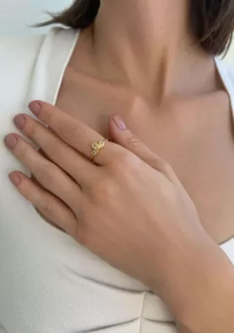 14k Gold Plated CZ 3-Deco Petals Ring