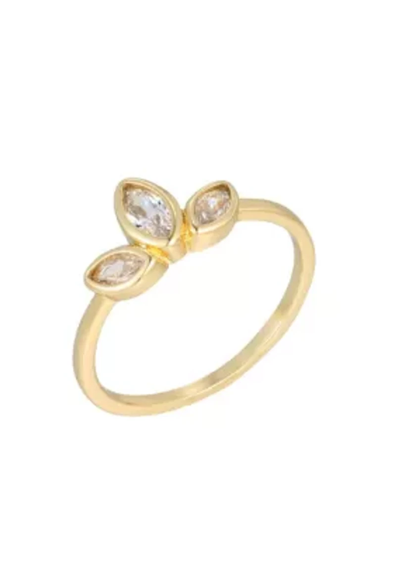 14k Gold Plated CZ 3-Deco Petals Ring