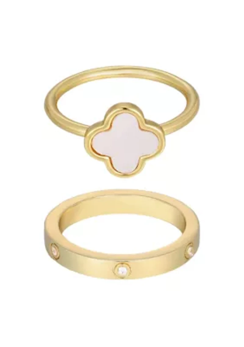 14k Gold Plated Mother of Pearl Clover and CZ Eternity Band Ring Set