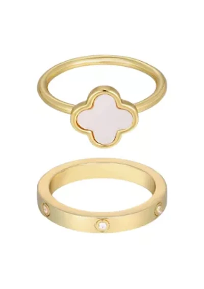 14k Gold Plated Mother of Pearl Clover and CZ Eternity Band Ring Set