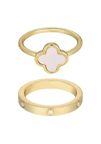14k Gold Plated Mother of Pearl Clover and CZ Eternity Band Ring Set