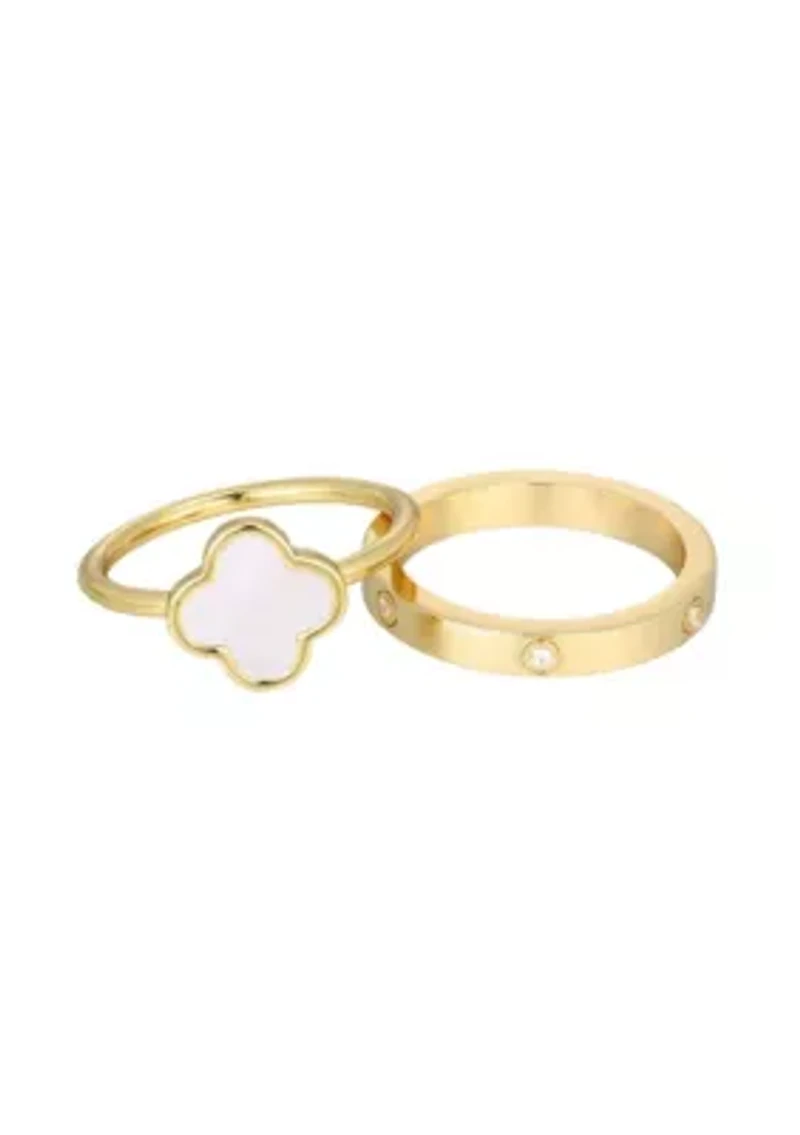 14k Gold Plated Mother of Pearl Clover and CZ Eternity Band Ring Set