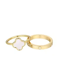 14k Gold Plated Mother of Pearl Clover and CZ Eternity Band Ring Set
