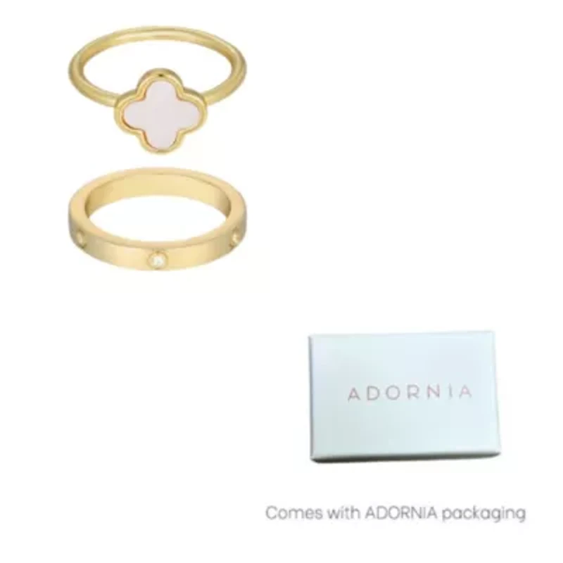 14k Gold Plated Mother of Pearl Clover and CZ Eternity Band Ring Set