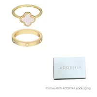 14k Gold Plated Mother of Pearl Clover and CZ Eternity Band Ring Set
