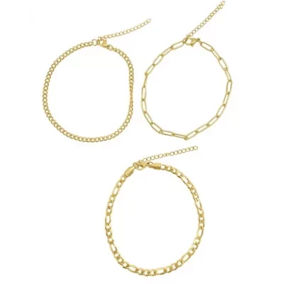 Tarnish Resistant 14k Gold Plated Curb Chain, Paper Clip Chain, and Figaro Chain Anklet Set