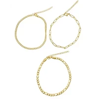 Tarnish Resistant 14k Gold Plated Curb Chain, Paper Clip Chain, and Figaro Chain Anklet Set