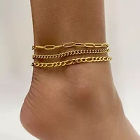 Tarnish Resistant 14k Gold Plated Curb Chain, Paper Clip Chain, and Figaro Chain Anklet Set