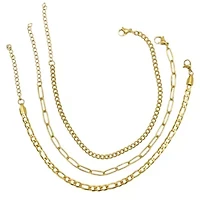 Tarnish Resistant 14k Gold Plated Curb Chain, Paper Clip Chain, and Figaro Chain Anklet Set