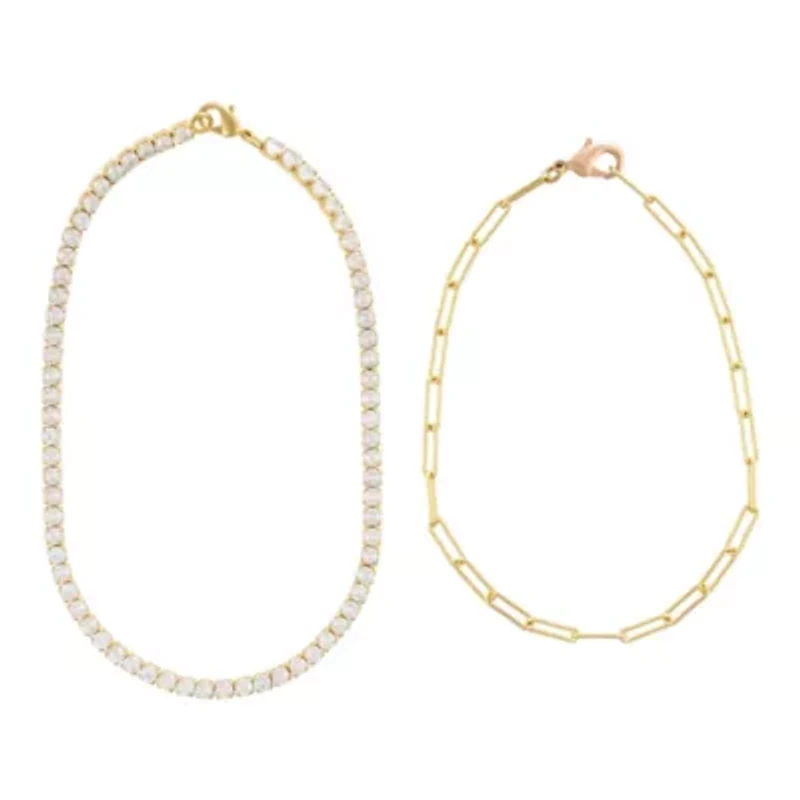 14k Gold Plated 10" Tennis and Paperclip Chain Anklet Set