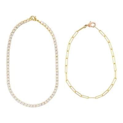 14k Gold Plated 10" Tennis and Paperclip Chain Anklet Set