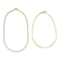 14k Gold Plated 10" Tennis and Paperclip Chain Anklet Set