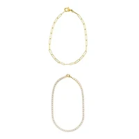 14k Gold Plated 10" Tennis and Paperclip Chain Anklet Set