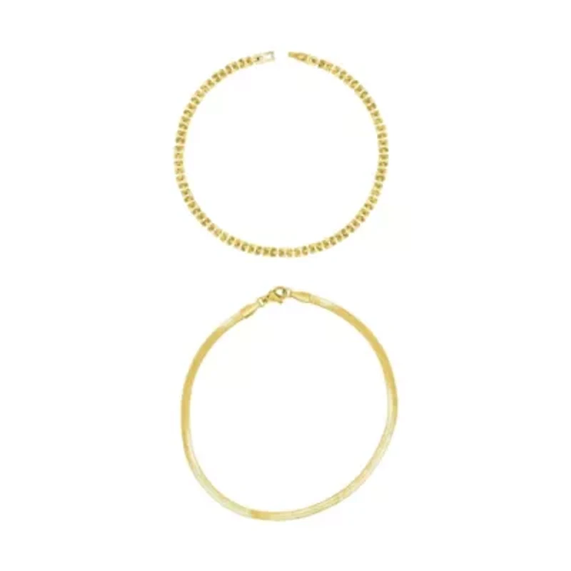 Tarnish Resistant 14k Gold Plated Watch Band and Herringbone Anklet Set