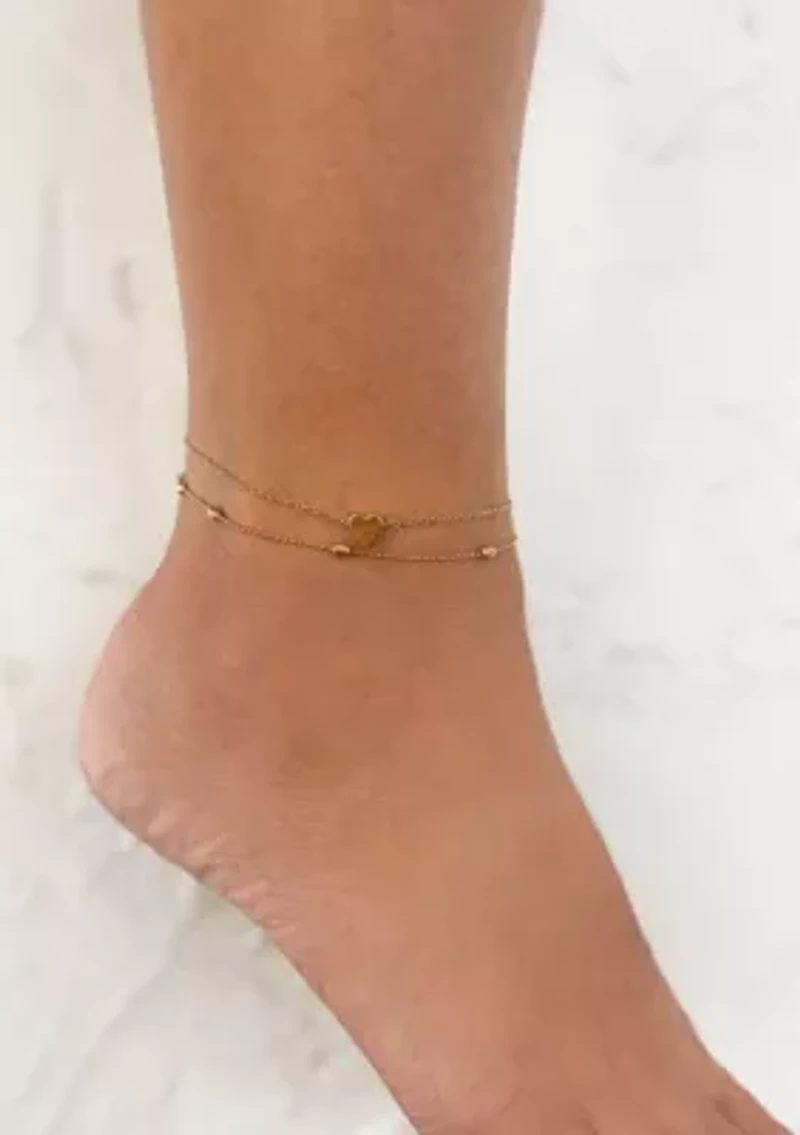 14k Gold Plated Heart Adjustable Anklet Set