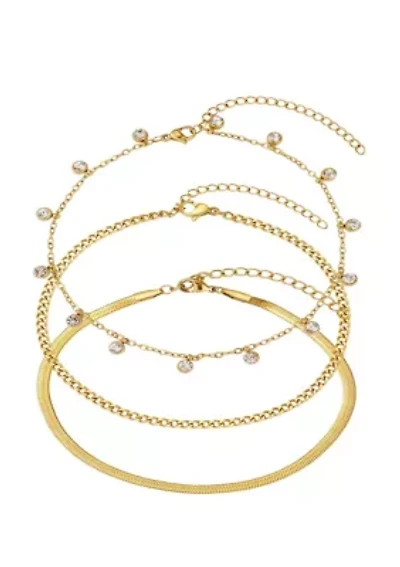 Tarnish Resistant 18k Gold Plated Three Chain Anklet Set