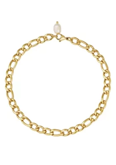 Tarnish Resistant 18k Gold Plated Figaro Chain Freshwater Pearl Anklet