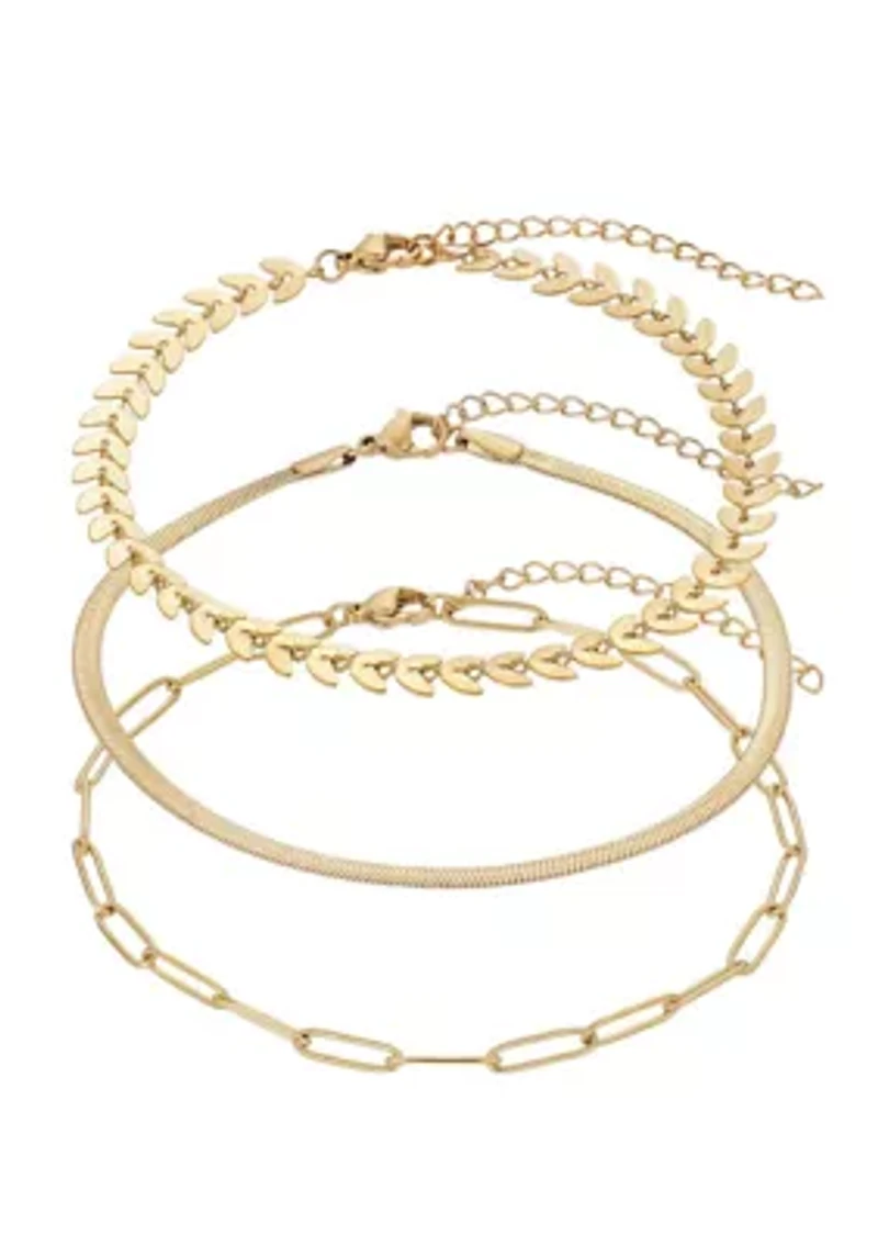 Tarnish Resistant 18k Gold Plated Set of Three Adjustable Chain Anklets