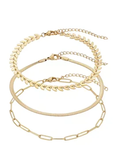 Tarnish Resistant 18k Gold Plated Set of Three Adjustable Chain Anklets