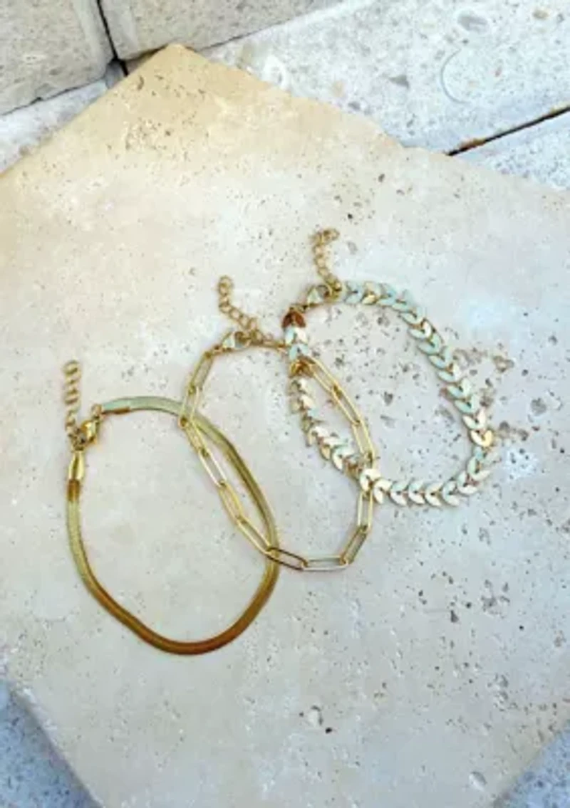 Tarnish Resistant 18k Gold Plated Set of Three Adjustable Chain Anklets