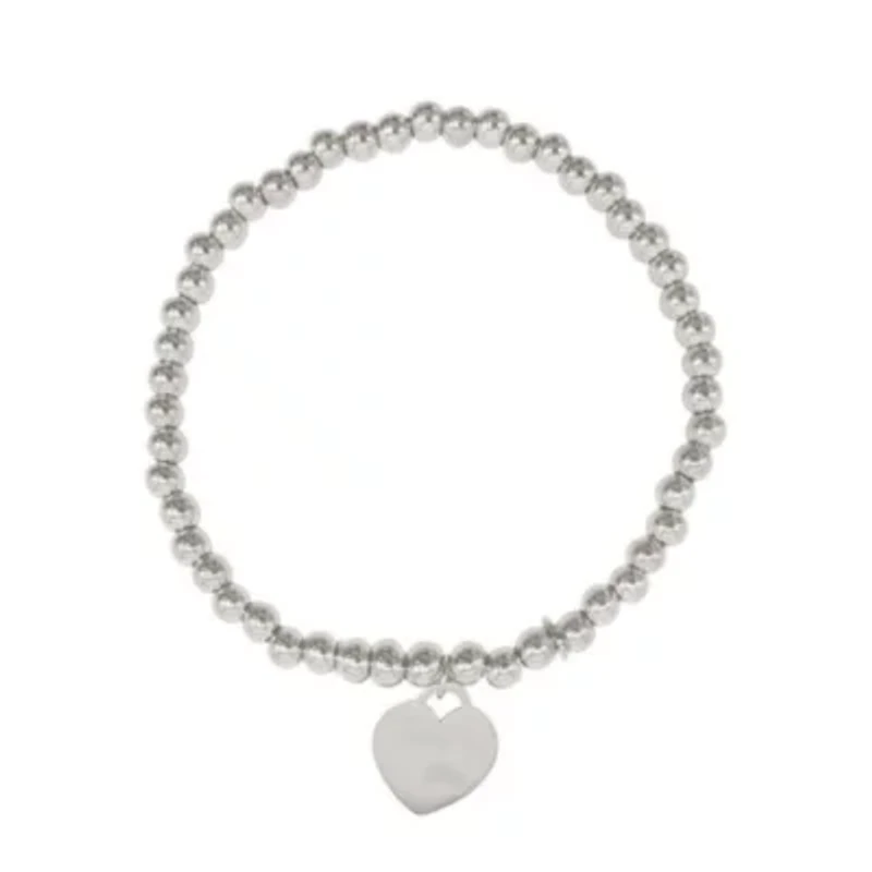 Rhodium Plated Beaded Stretch Bracelet with Heart Charm
