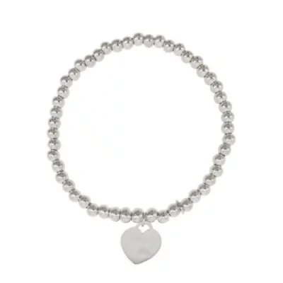 Rhodium Plated Beaded Stretch Bracelet with Heart Charm