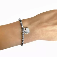 Rhodium Plated Beaded Stretch Bracelet with Heart Charm